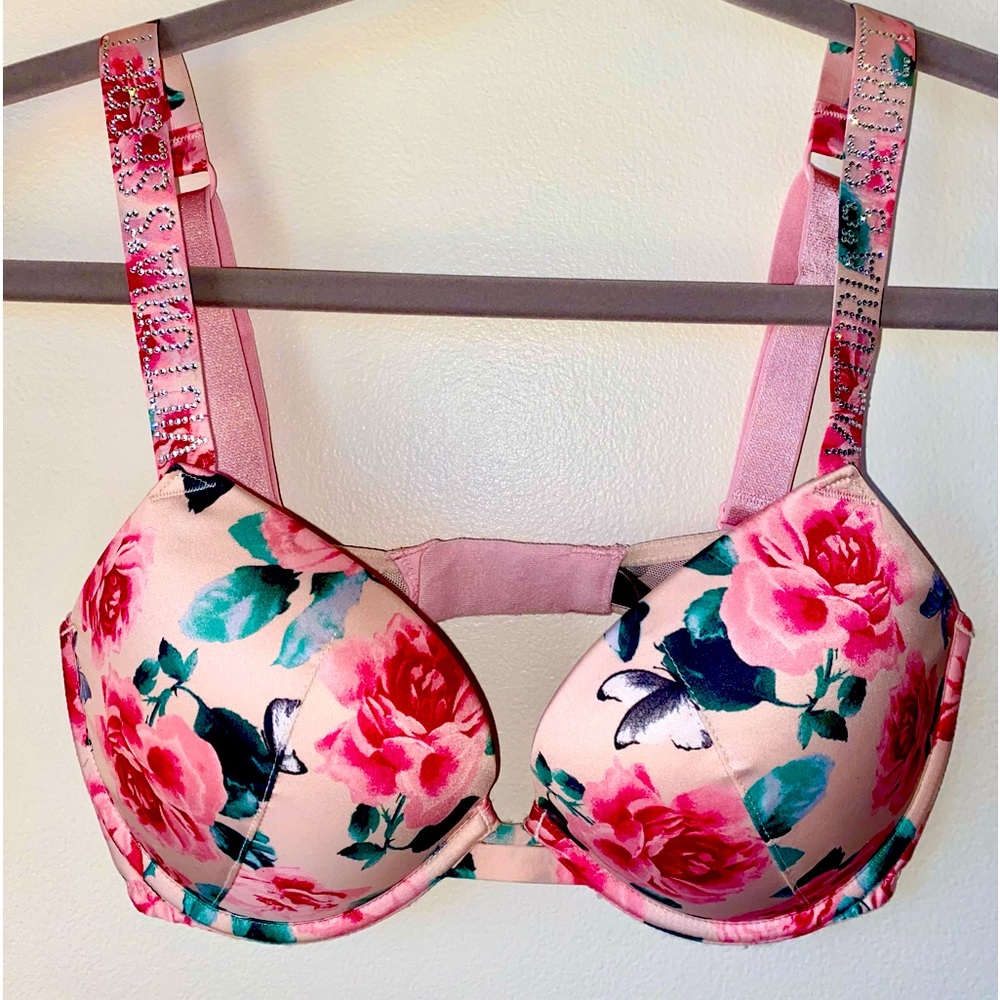 Like NEW Victoria Secret Very Sexy Rose Print Glitter straps, Push-Up Bra 32D